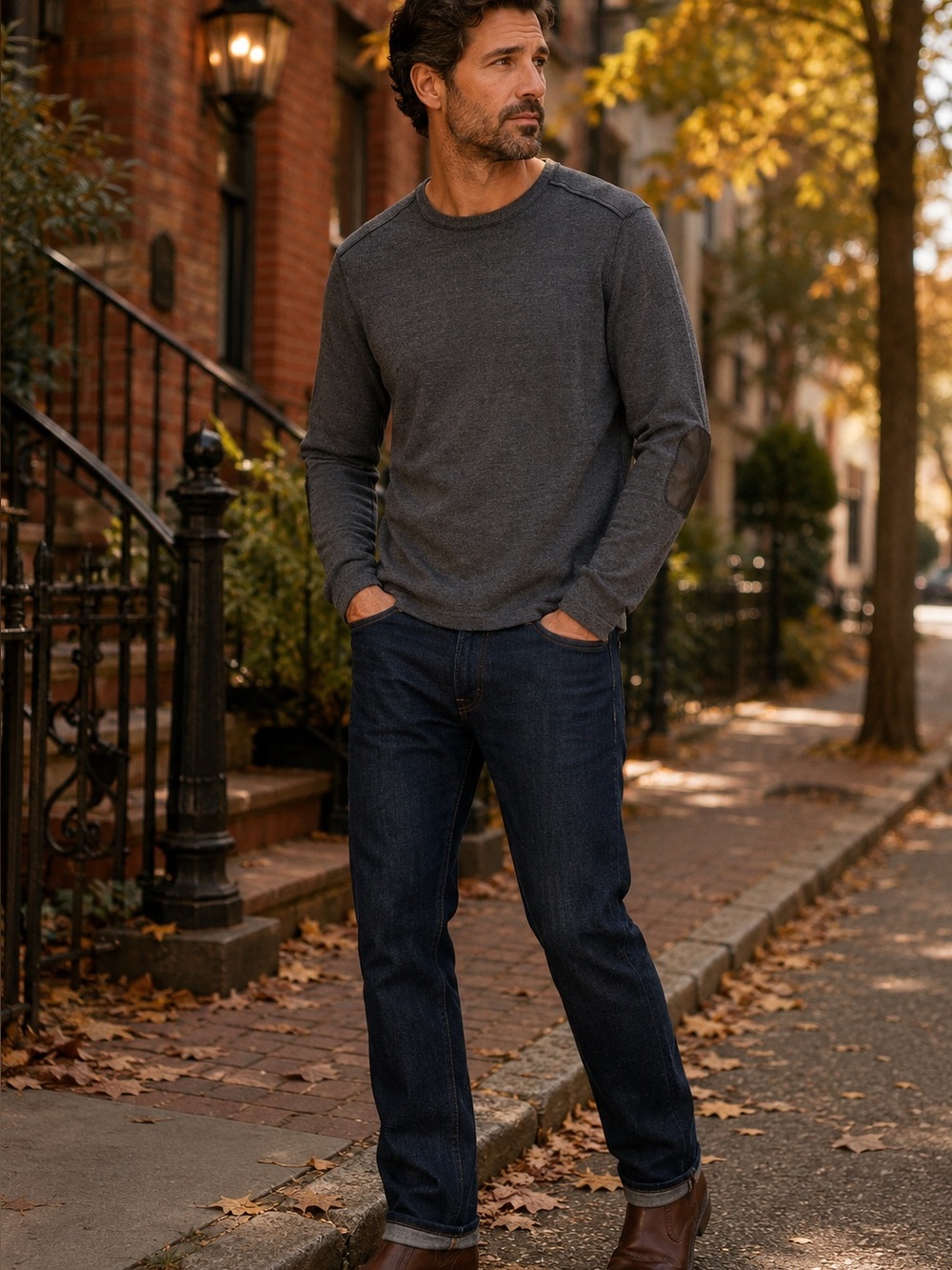 John Varvatos USA Luxe Merino Wool Leather Patch Sweater Gray M